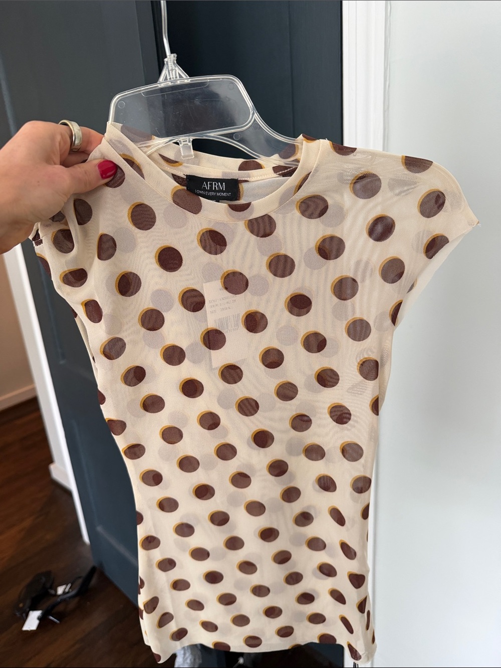 AFRM Sheer Beige Tee with Brown Polka Dots and Yellow Accents